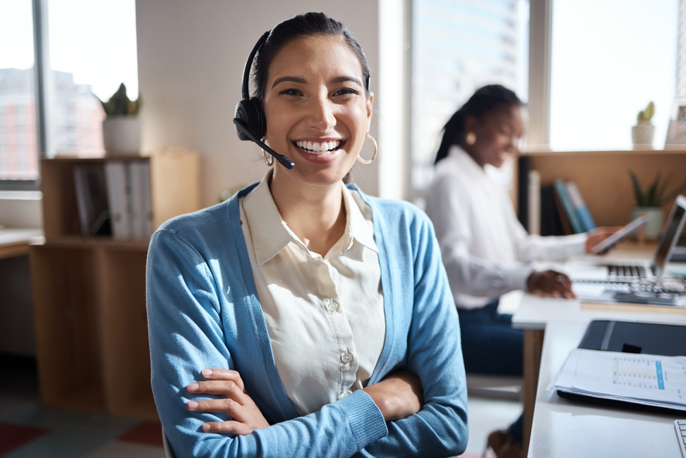 Woman,,Arms,Crossed,And,Call,Centre,Operator,In,Office,,Telemarketing
