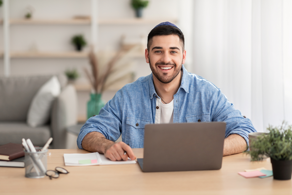 Home,Office,Concept.,Smiling,Jew,Man,Wearing,Kipa,Sitting,At